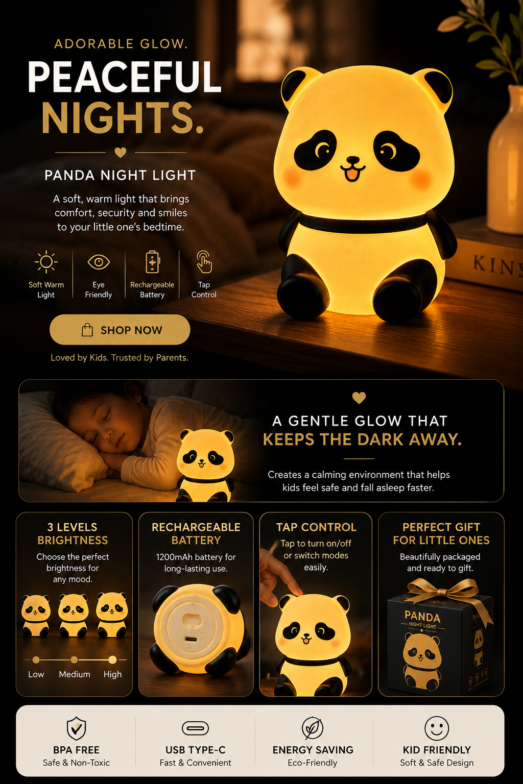 ELNEOR Panda Night Light – Soft Glow Silicone LED Lamp for Kids