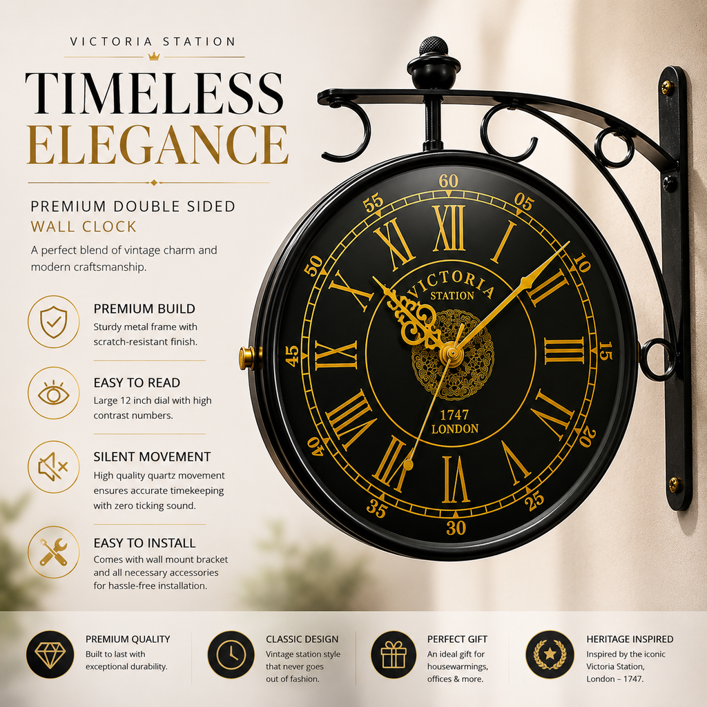 Black and gold station clock design and features