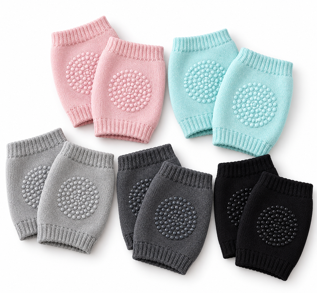 Baby knee pads shown in pink, teal, grey, charcoal, and black