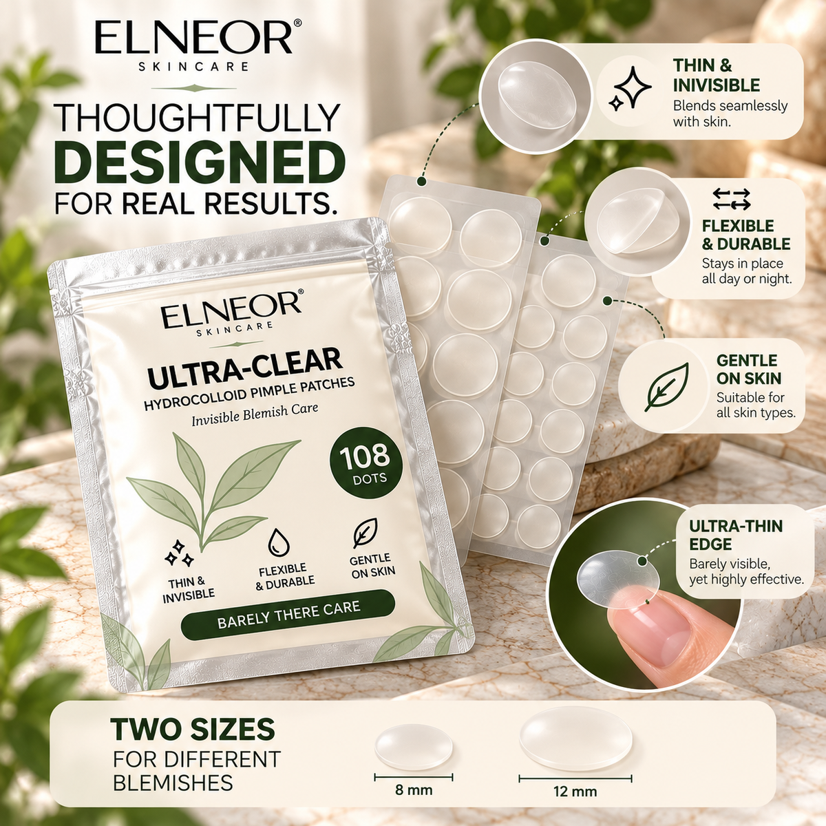 ELNEOR Ultra-Clear Hydrocolloid Pimple Patches (108 Dots) – Invisible Overnight Blemish Care