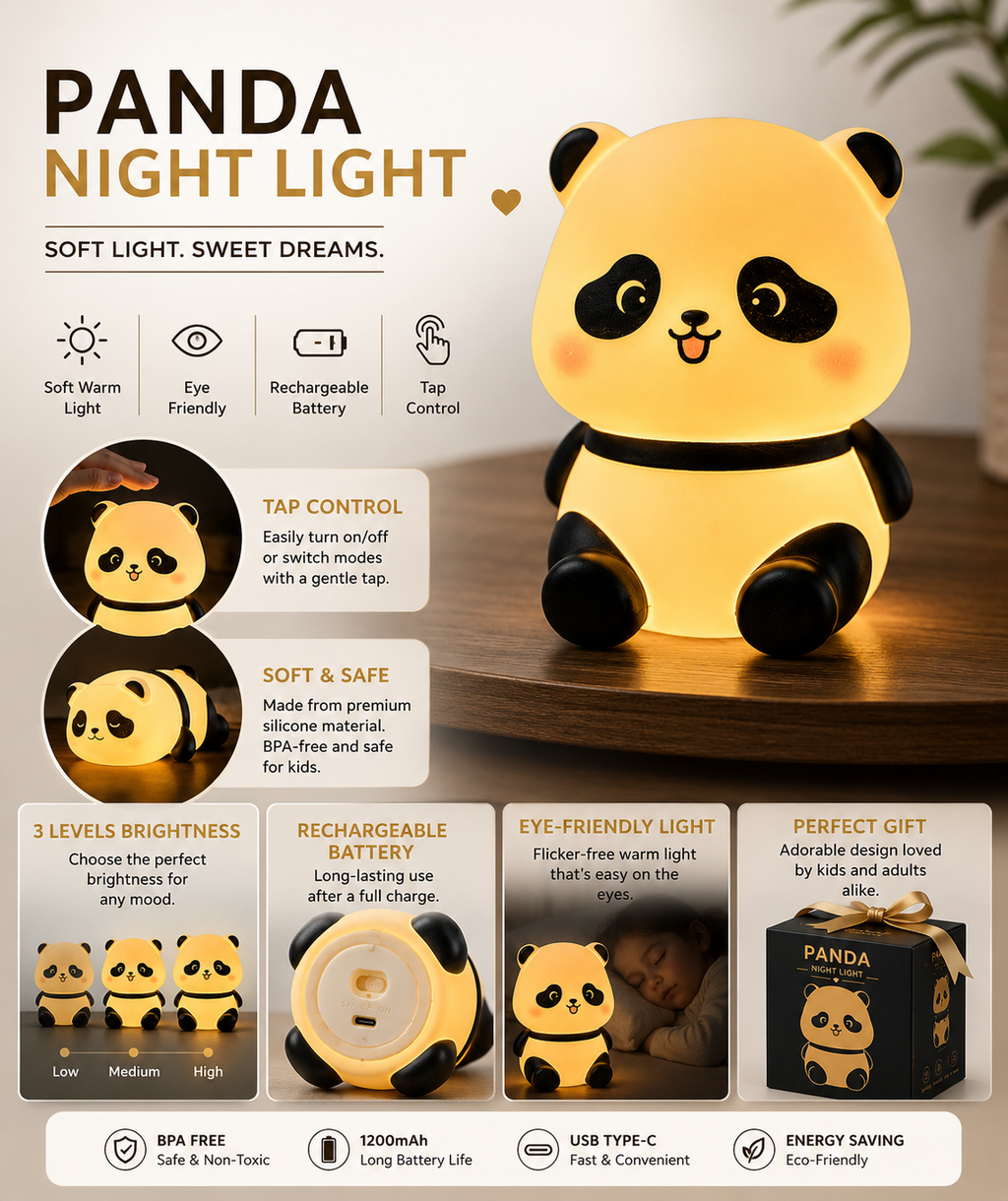 ELNEOR Panda Night Light – Soft Glow Silicone LED Lamp for Kids