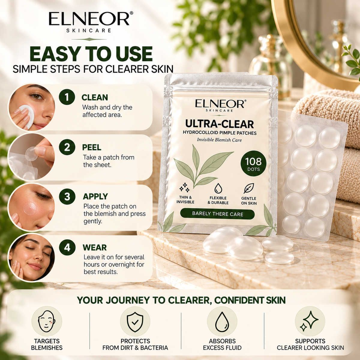 ELNEOR Ultra-Clear Hydrocolloid Pimple Patches (108 Dots) – Invisible Overnight Blemish Care