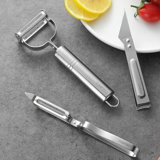 🥕 Maxicon Packaging Vegetable & Fruit Peeler with Meat Cutter 3 in 1 | Durable Multifunctional Stainless Steel Peeler, Cutter & Slicer (3pcs Set) - Elneor