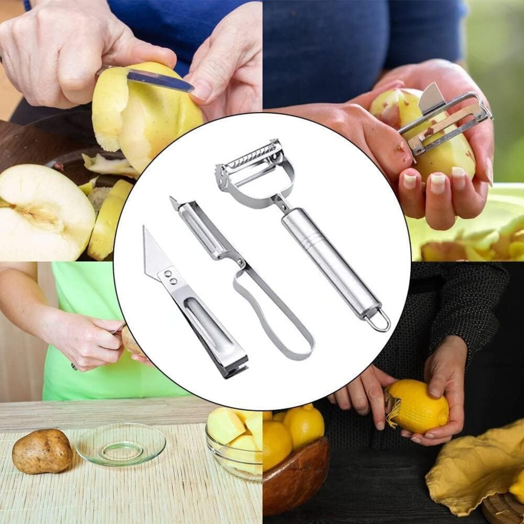 🥕 Maxicon Packaging Vegetable & Fruit Peeler with Meat Cutter 3 in 1 | Durable Multifunctional Stainless Steel Peeler, Cutter & Slicer (3pcs Set) - Elneor