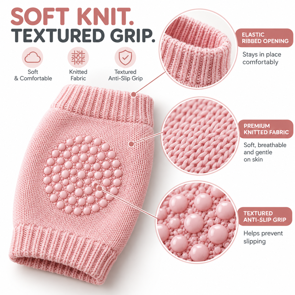 Close-up of knitted fabric and textured grip on a pink baby knee pad
