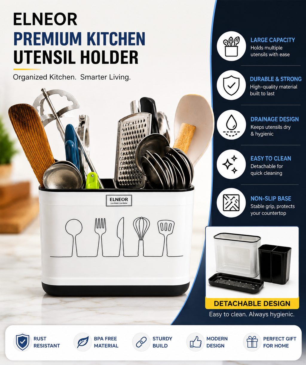 ELNEOR Kitchen Utensil Holder – Smart Spoon Organiser with Drainage
