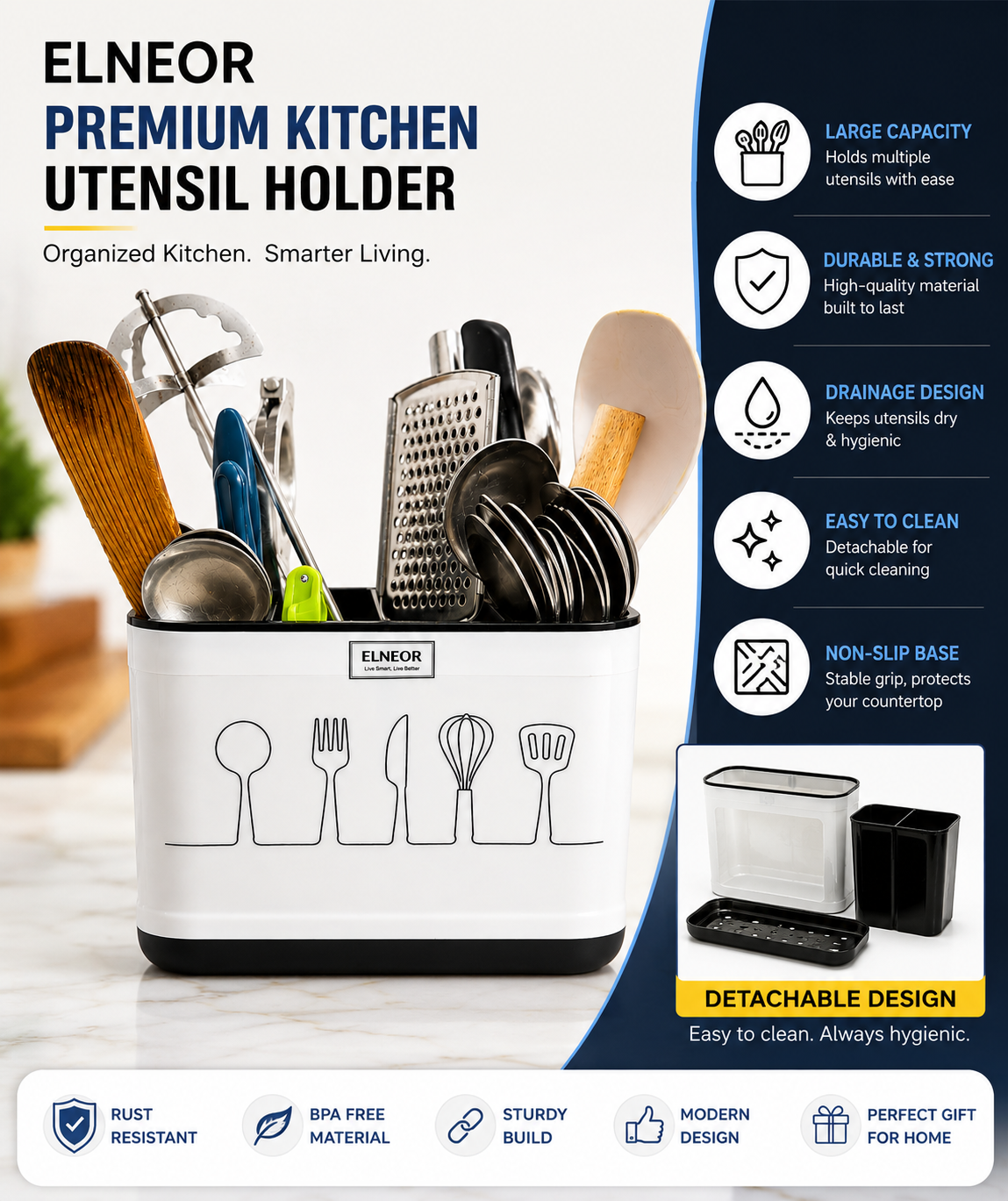 ELNEOR Kitchen Utensil Holder – Smart Spoon Organiser with Drainage