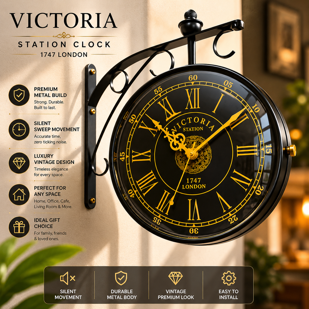 Station wall clock metal construction and silent movement features