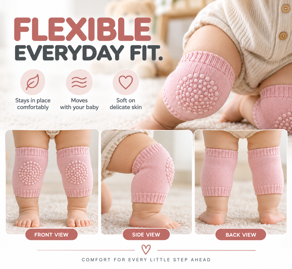 Pink baby knee pads shown in front, side, and back views