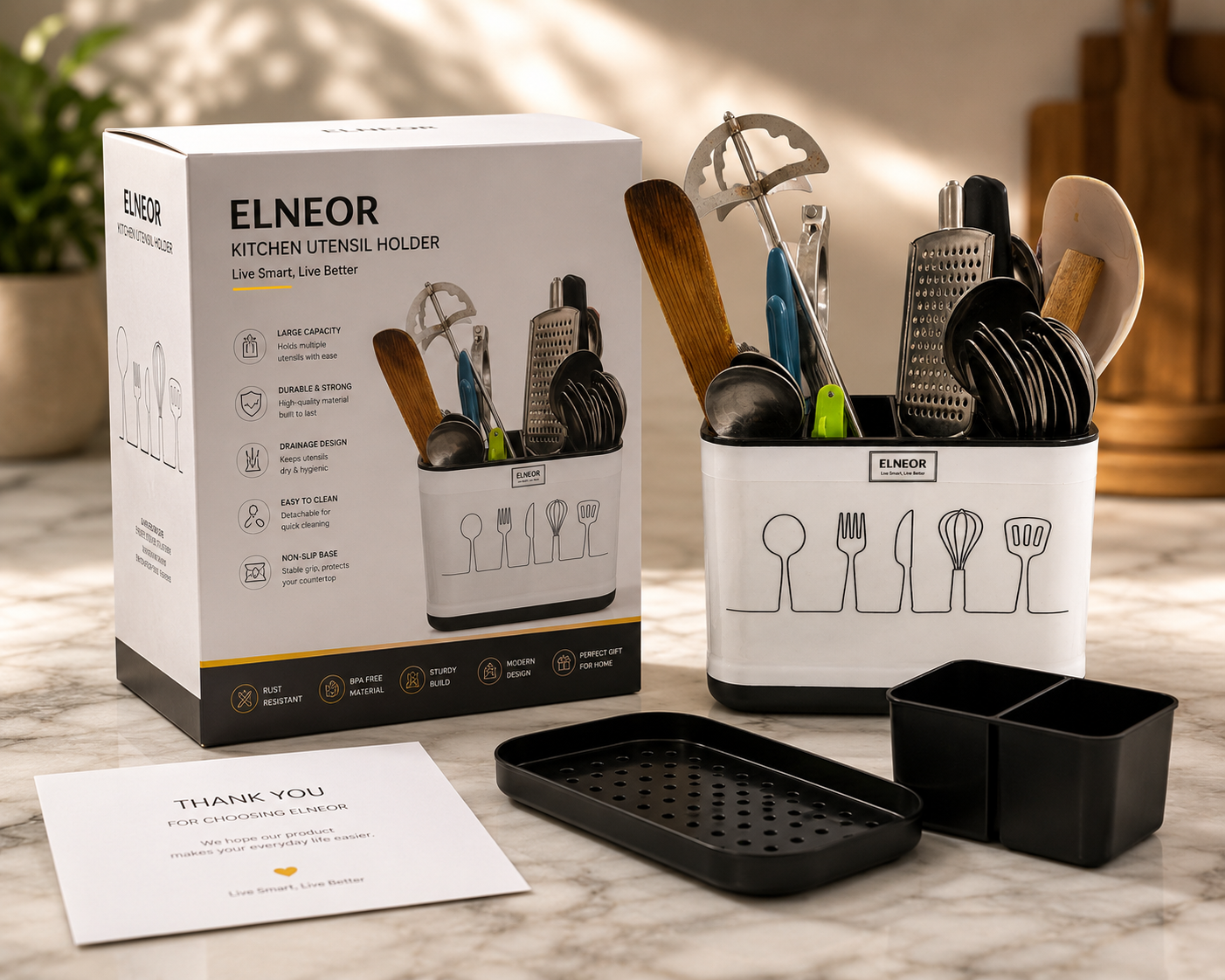 ELNEOR Kitchen Utensil Holder – Smart Spoon Organiser with Drainage