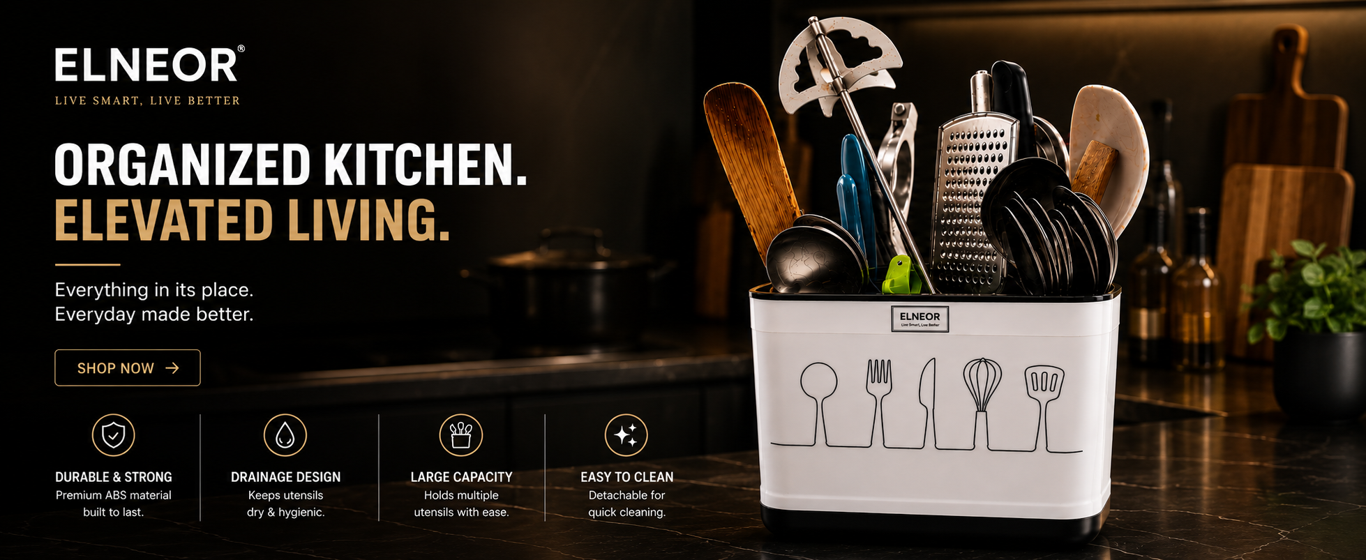 ELNEOR Kitchen Utensil Holder – Smart Spoon Organiser with Drainage