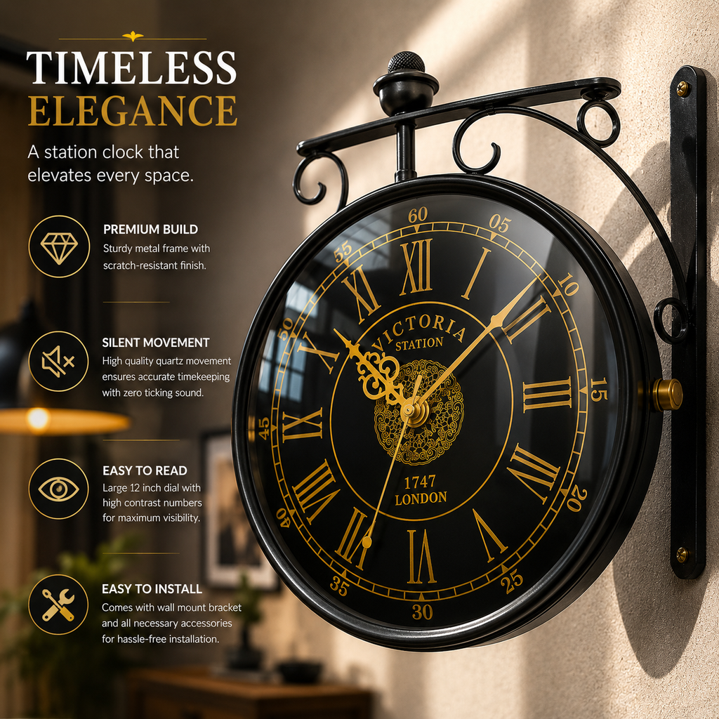 Station wall clock feature overview with 12-inch dial