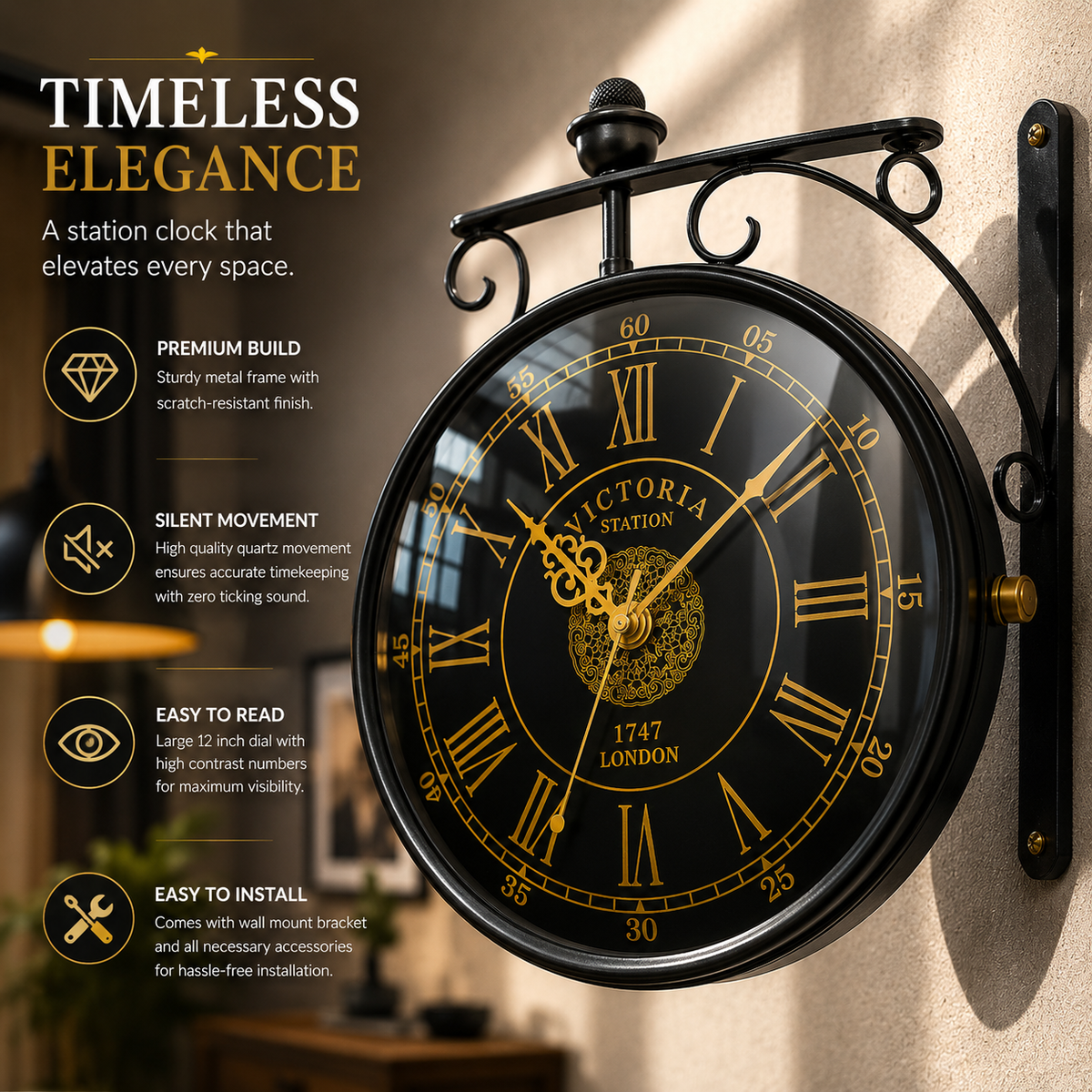 Station wall clock feature overview with 12-inch dial