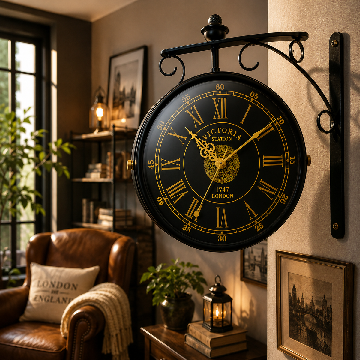 Double-sided station wall clock displayed in a living room