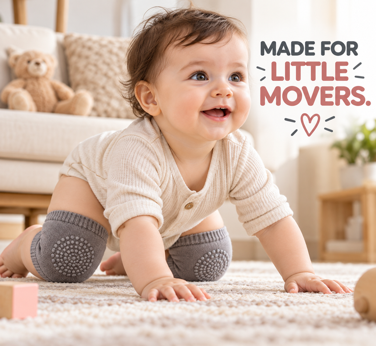 Pink baby knee pad with close-up callouts for ribbed opening, knitted fabric, and grip