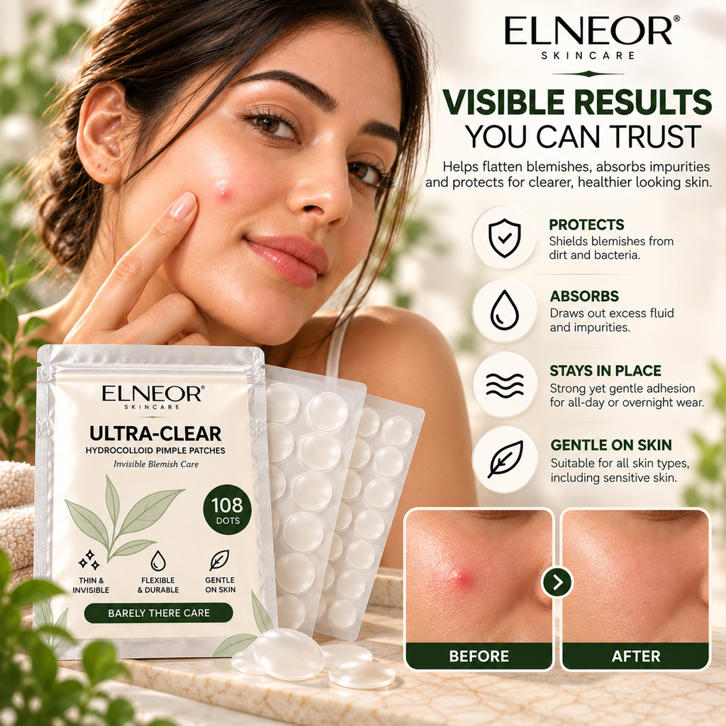 ELNEOR Ultra-Clear Hydrocolloid Pimple Patches (108 Dots) – Invisible Overnight Blemish Care