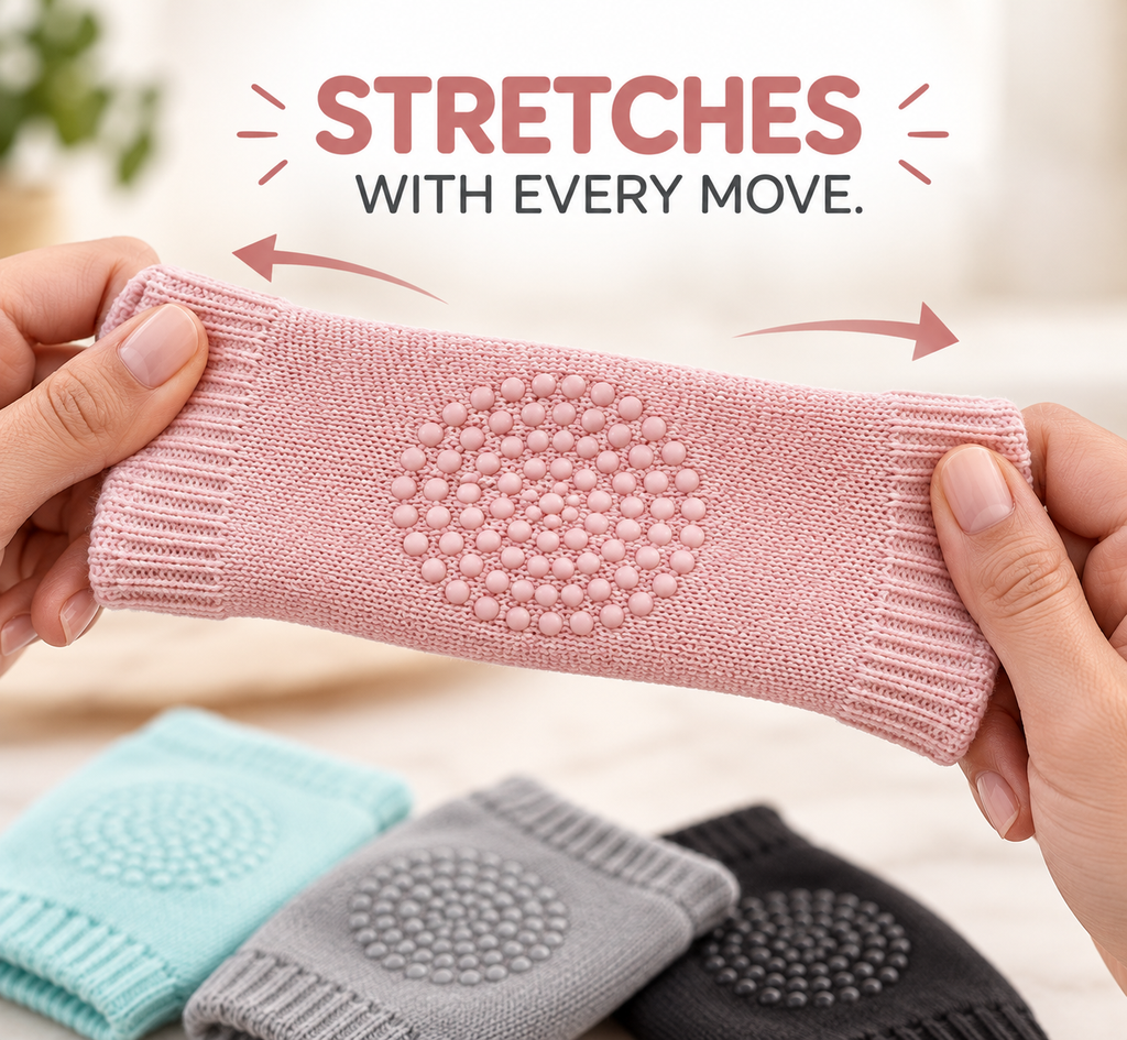 Pink baby knee pad with close-ups of the ribbed opening, knit, and textured grip