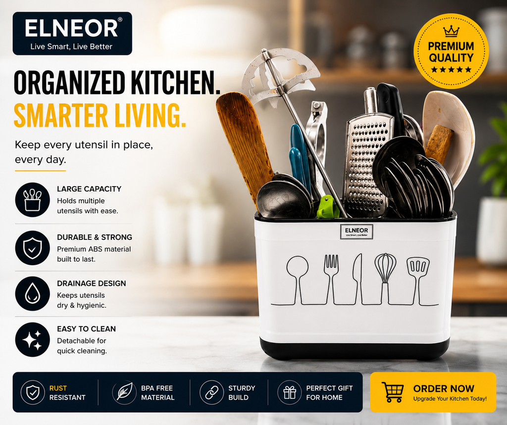 ELNEOR Kitchen Utensil Holder – Smart Spoon Organiser with Drainage
