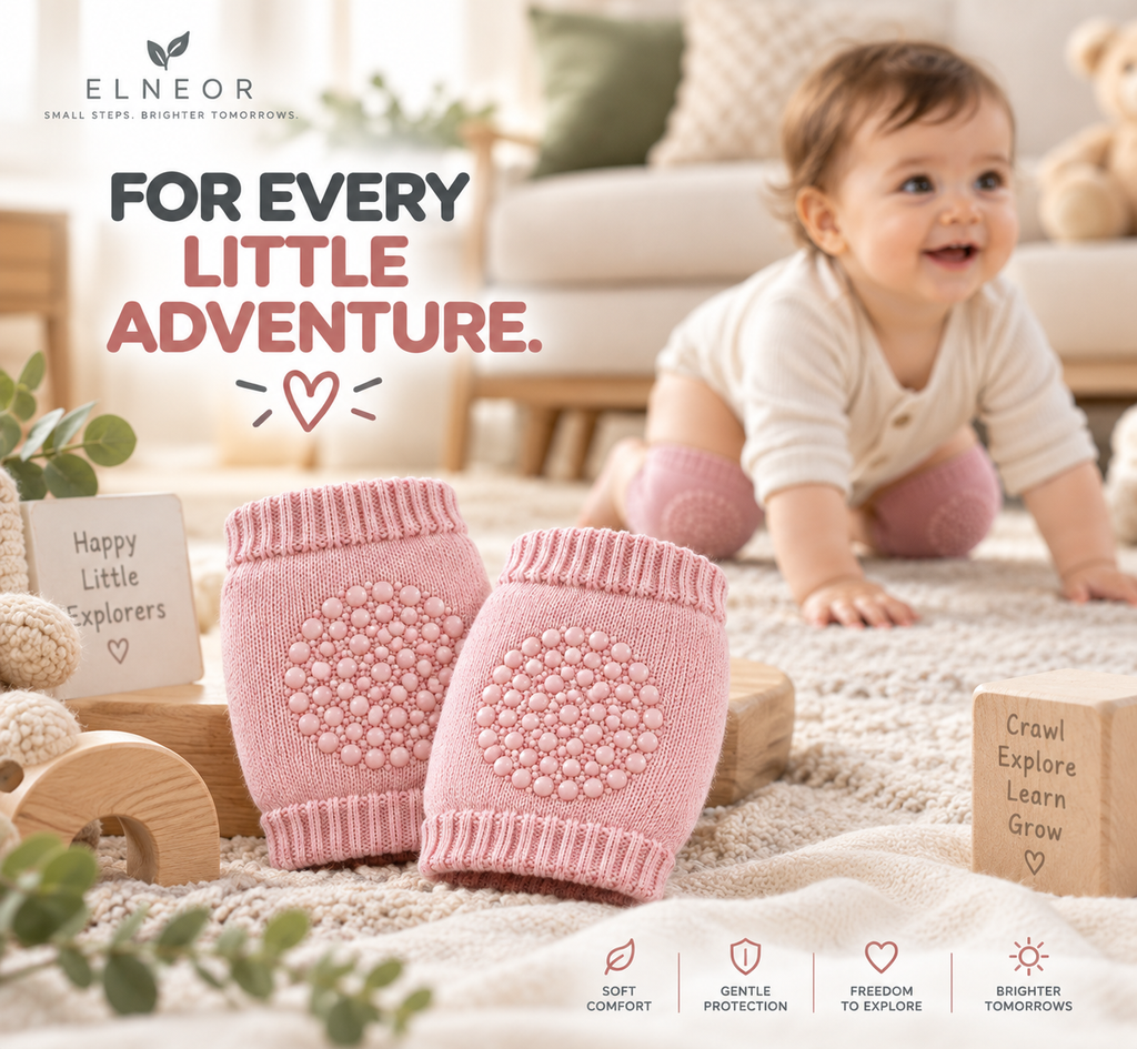 Stretchy pink knitted baby knee pad with a textured grip panel