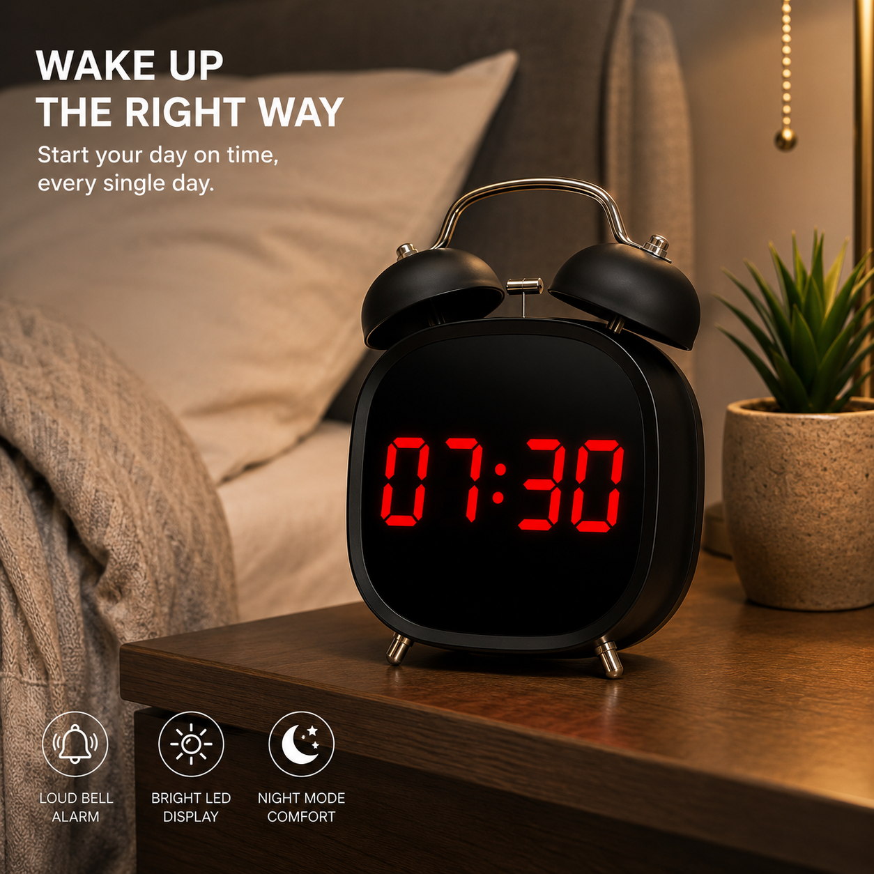 ELNEOR Retro LED Alarm Clock with Twin Bells — Premium Digital Display | USB Rechargeable