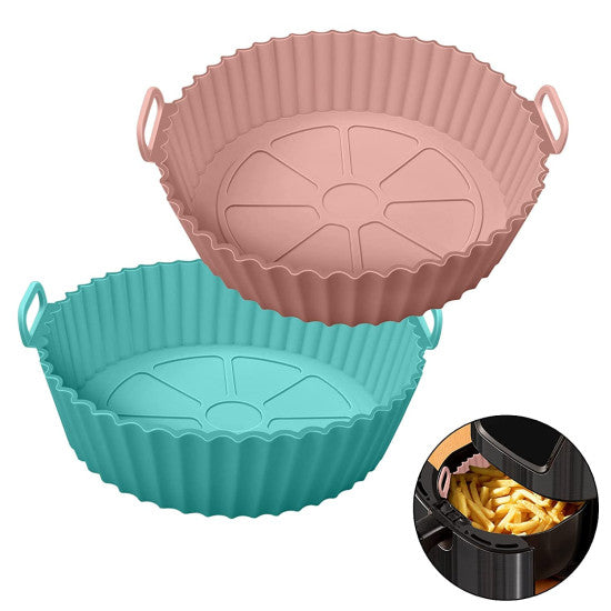 Round Air Fryer Liner Silicone Basket Baking Tray, Pot with Ear Handles, Reusable Baking Tray Cooking Oven Accessories, Nonstick Reusable Heat Resistant (9.44 Inch, 2 Pcs). - Elneor