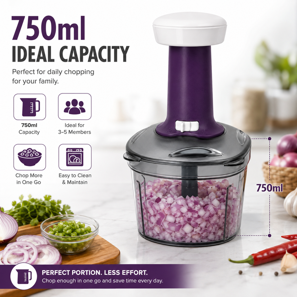 ELNEOR Smart Chop Pro – Manual Food Chopper with Safety Lock | 750ml | Triple SS Blade | Chop, Blend & Whisk