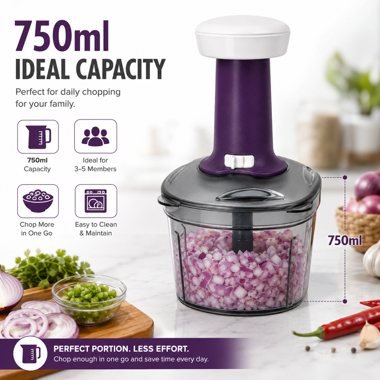 ELNEOR Smart Chop Pro – Manual Food Chopper with Safety Lock | 750ml | Triple SS Blade | Chop, Blend & Whisk
