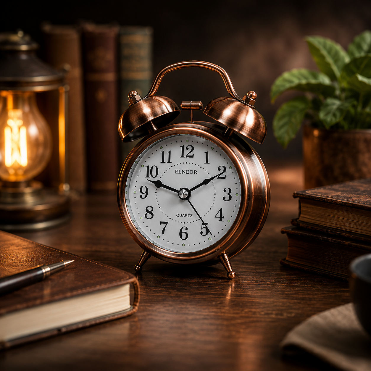 ELNEOR Vintage Twin Bell Alarm Clock — Brushed Copper | Silent Quartz Movement