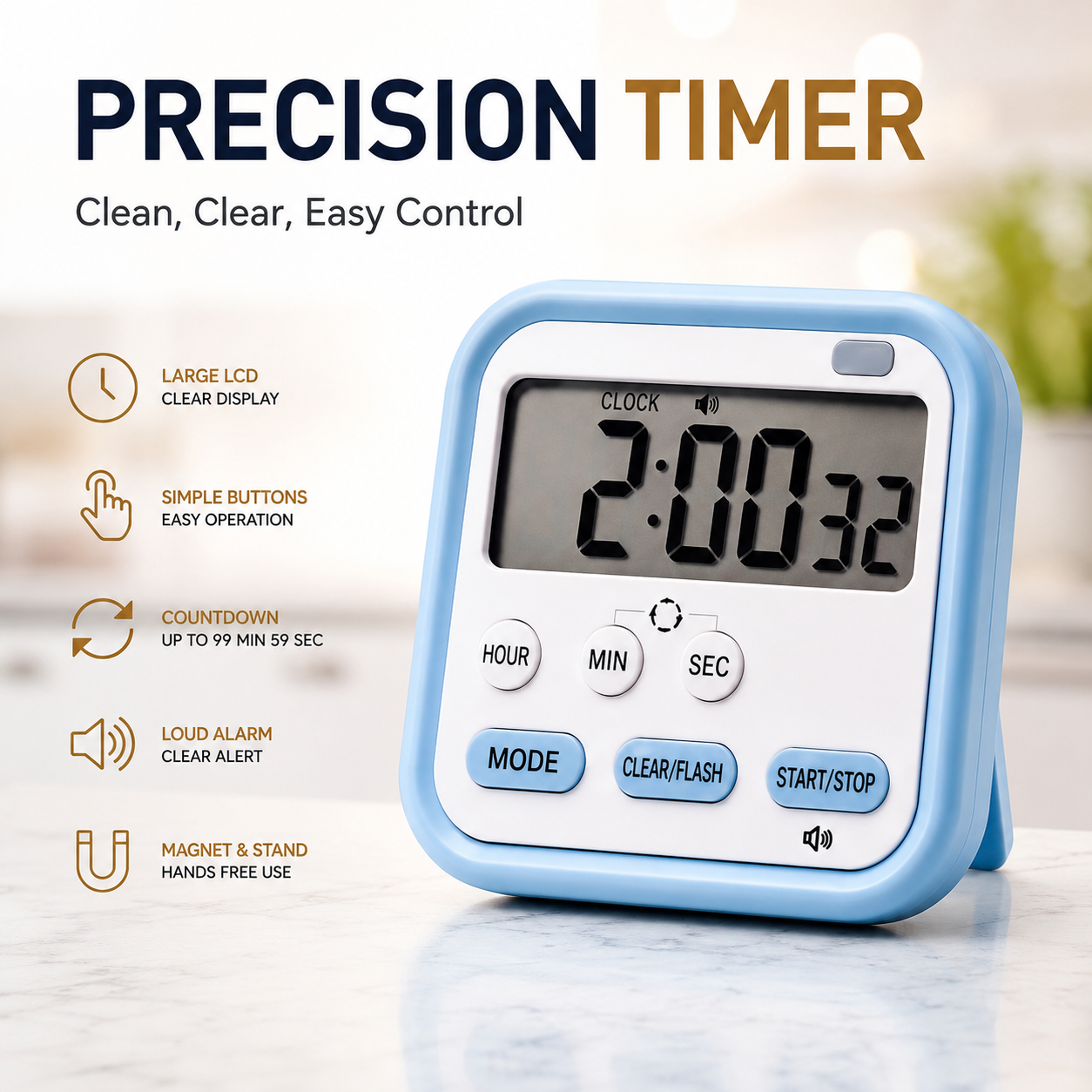 ELNEOR™ Digital Kitchen Timer - Premium LCD Display & Loud Alarm (Blue)