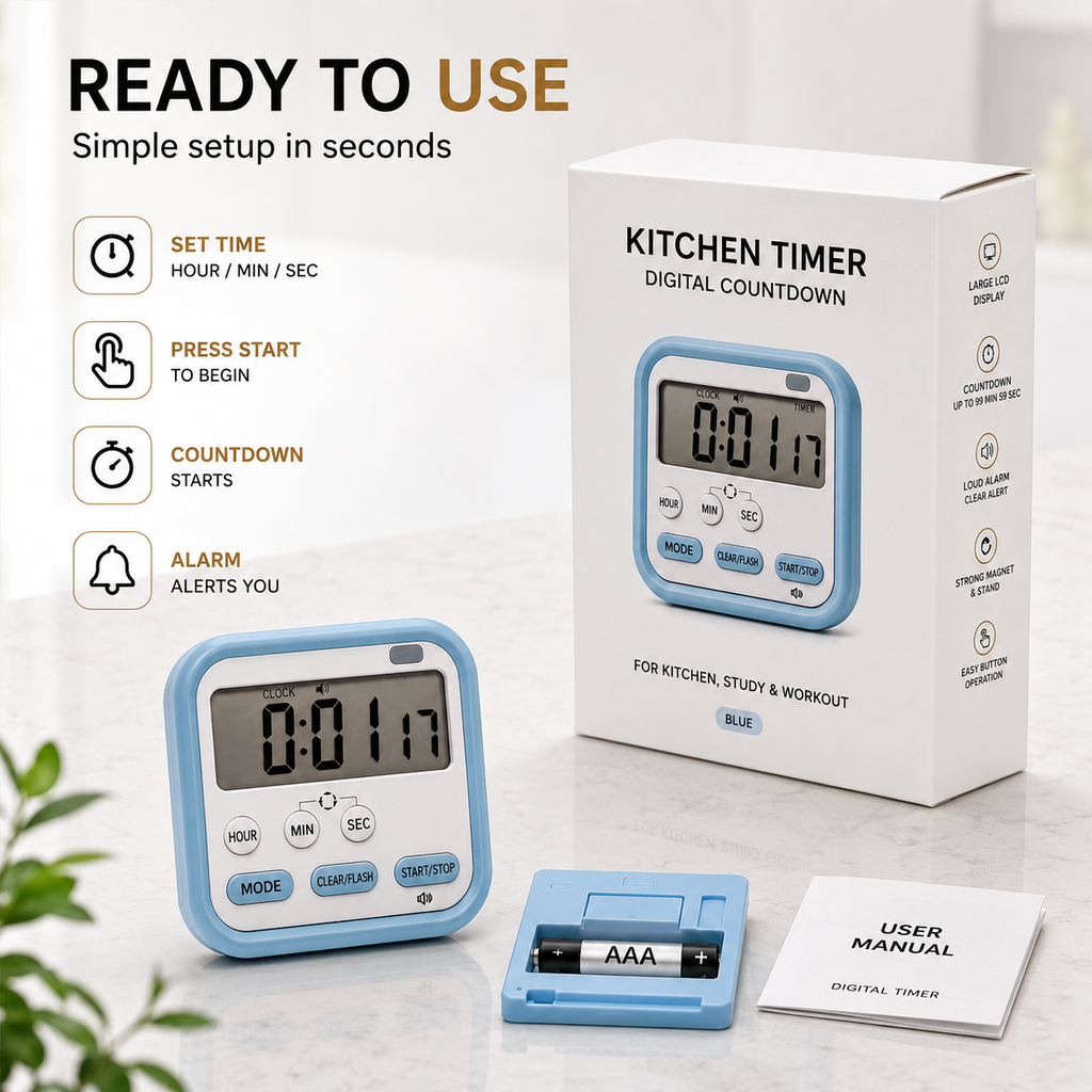 ELNEOR™ Digital Kitchen Timer - Premium LCD Display & Loud Alarm (Blue)
