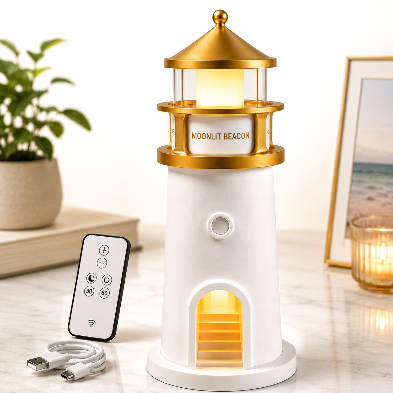 ELNEOR Moonlit Beacon Lighthouse Lamp – 360° Moon Projector Night Light with Remote