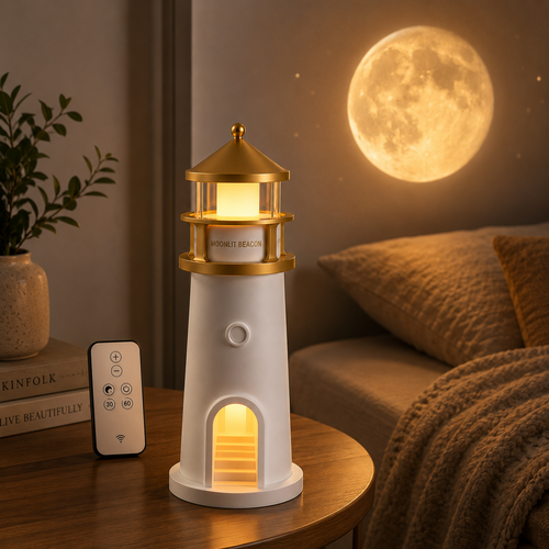 ELNEOR Moonlit Beacon Lighthouse Lamp – 360° Moon Projector Night Light with Remote