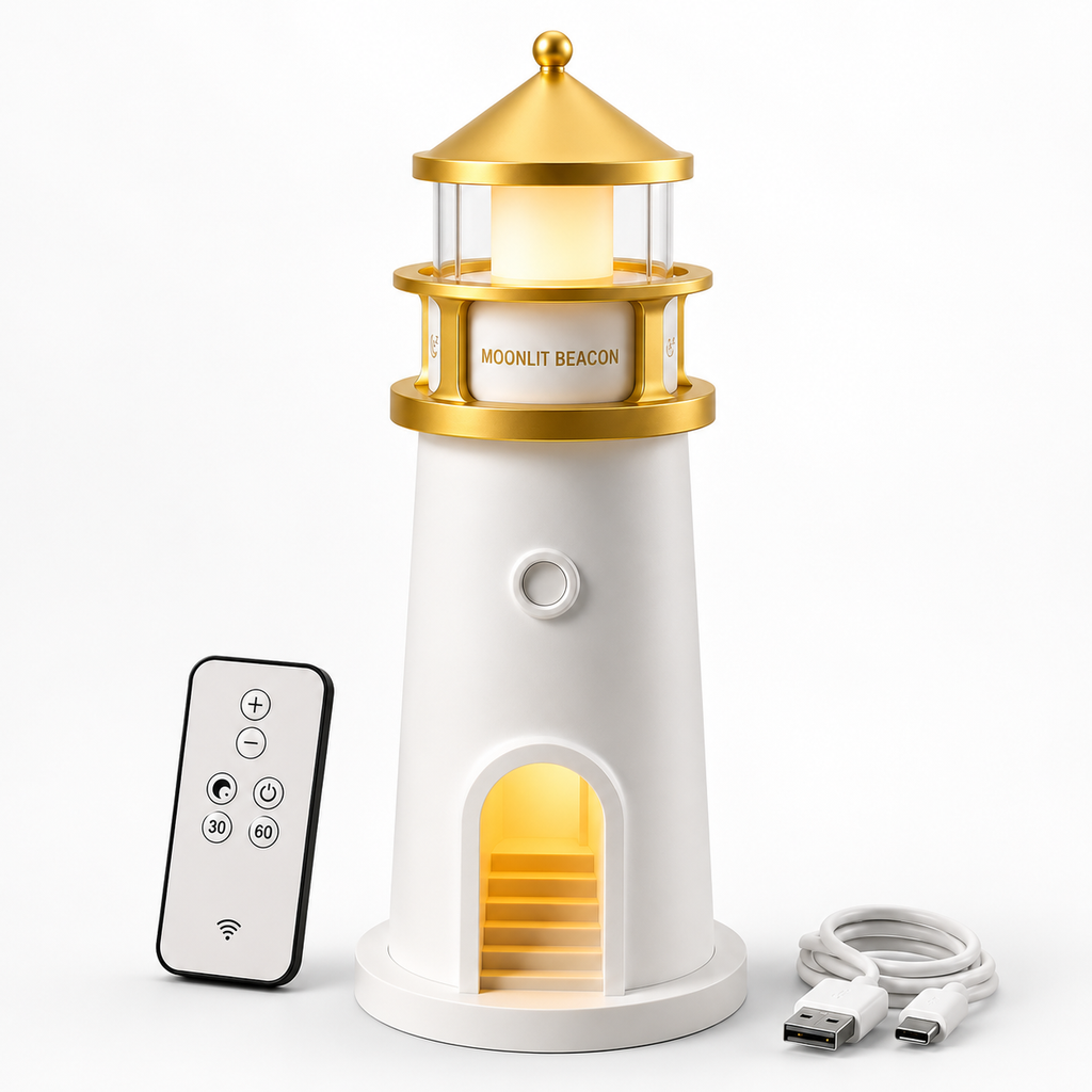 ELNEOR Moonlit Beacon Lighthouse Lamp – 360° Moon Projector Night Light with Remote