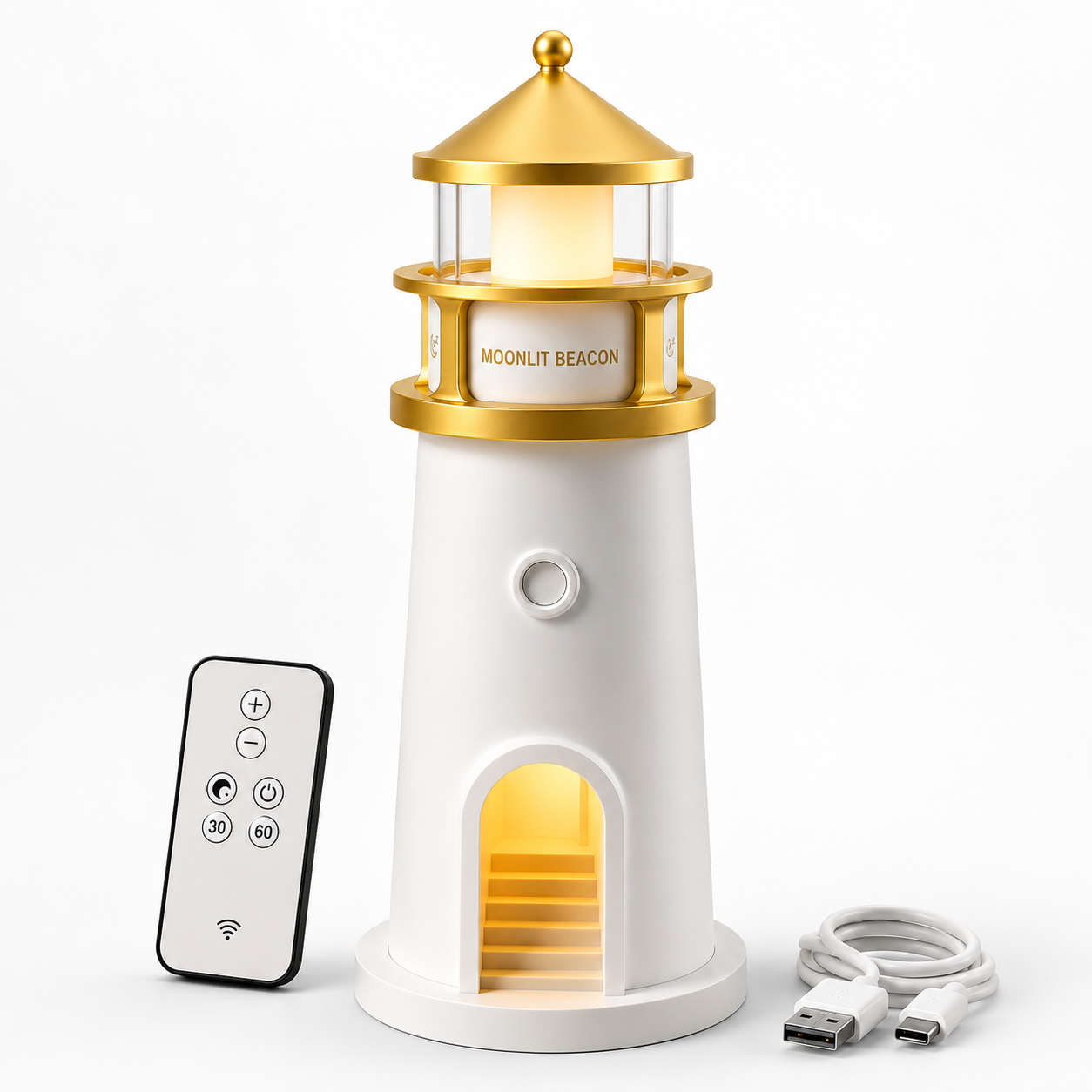 ELNEOR Moonlit Beacon Lighthouse Lamp – 360° Moon Projector Night Light with Remote