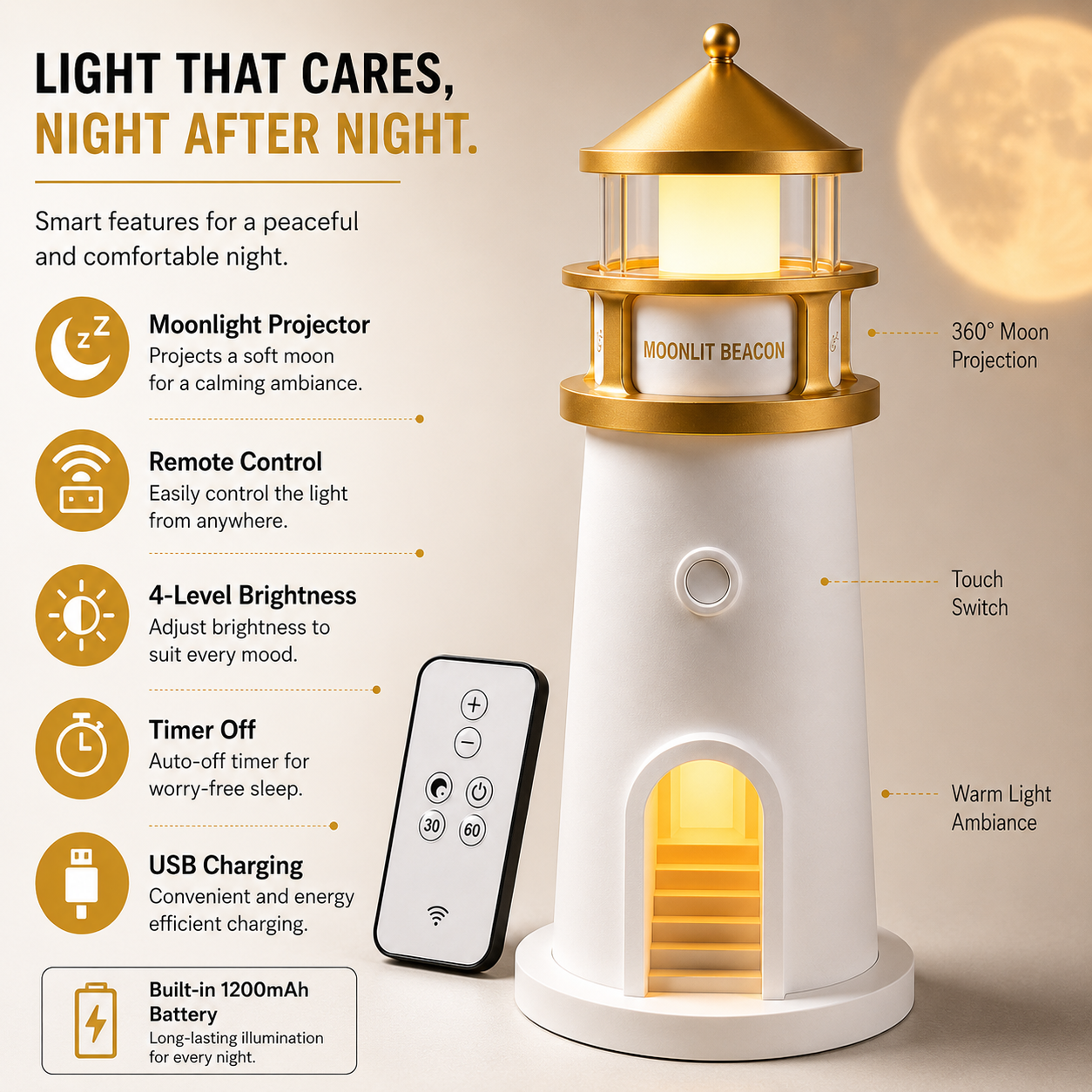 ELNEOR Moonlit Beacon Lighthouse Lamp – 360° Moon Projector Night Light with Remote