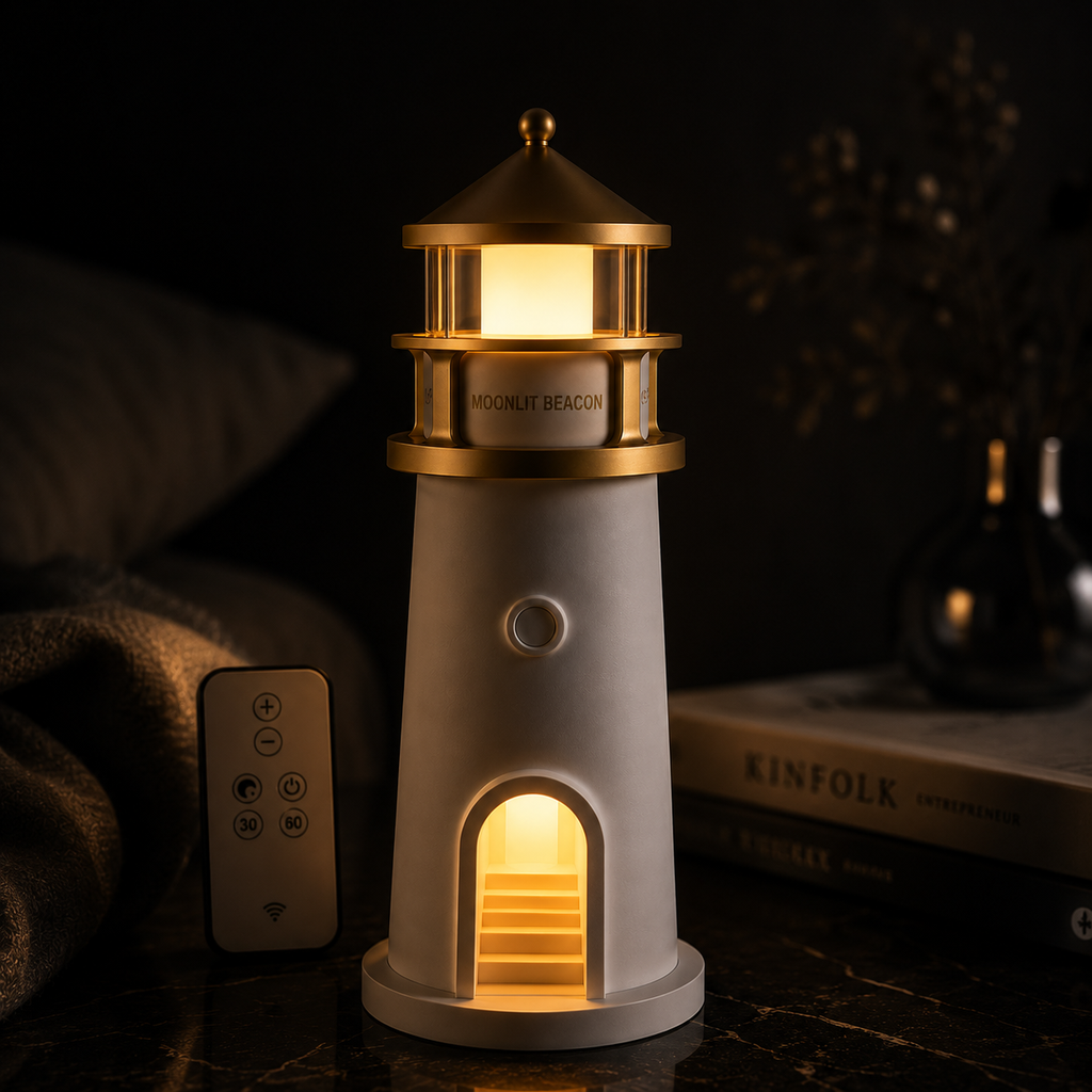 ELNEOR Moonlit Beacon Lighthouse Lamp – 360° Moon Projector Night Light with Remote