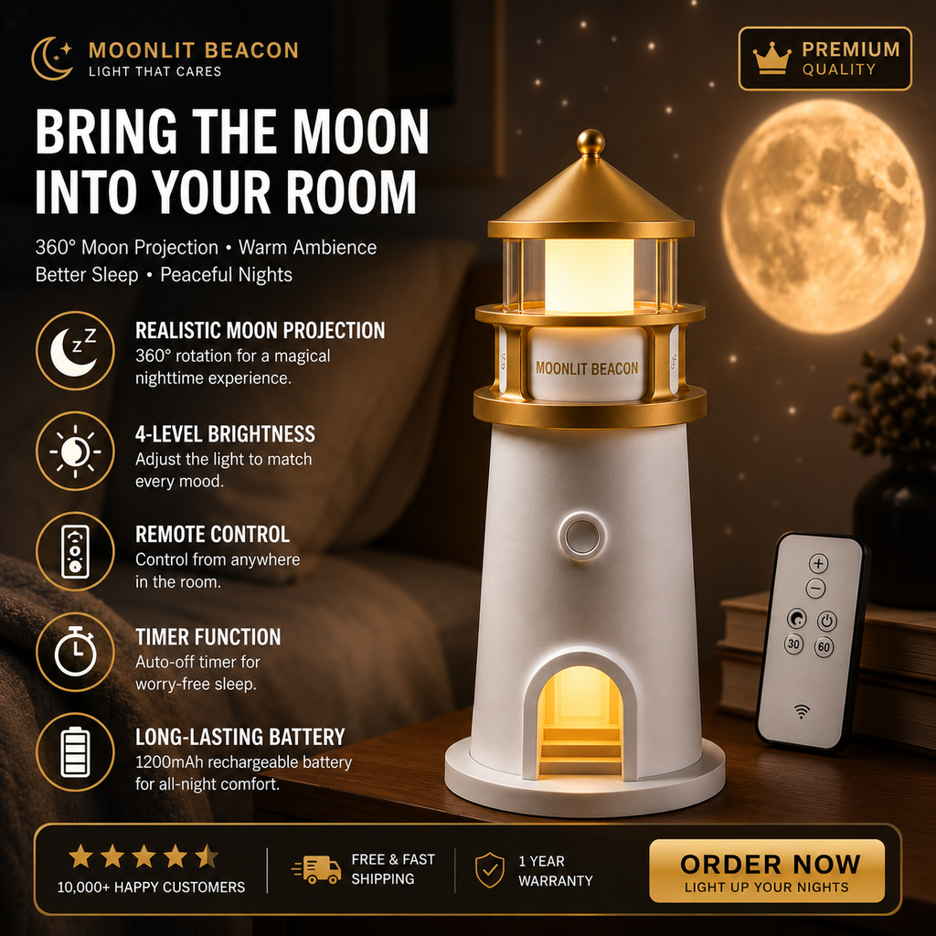 ELNEOR Moonlit Beacon Lighthouse Lamp – 360° Moon Projector Night Light with Remote