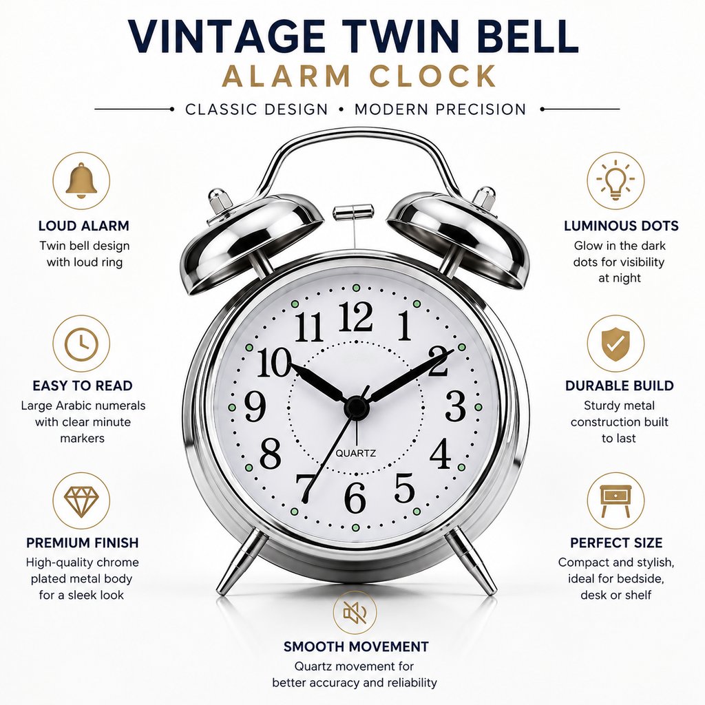 ELNEOR Retro Twin Bell Alarm Clock – Silent Quartz Movement | Loud Alarm | Chrome Finish