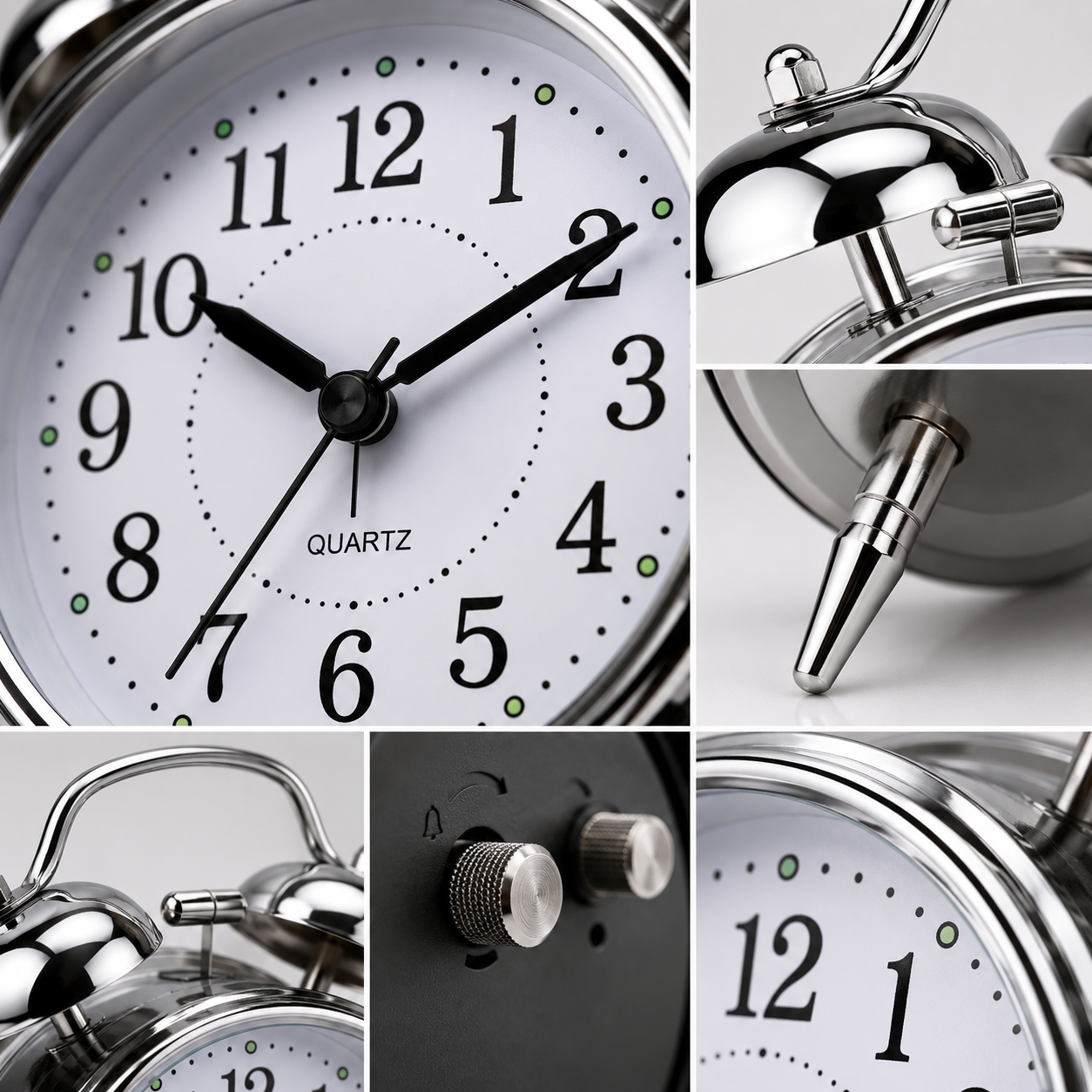 ELNEOR Retro Twin Bell Alarm Clock – Silent Quartz Movement | Loud Alarm | Chrome Finish