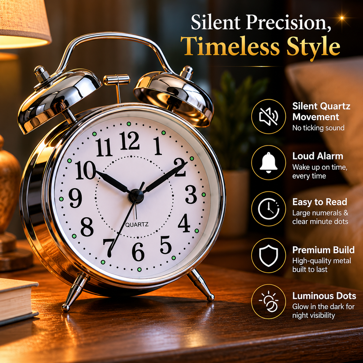 ELNEOR Retro Twin Bell Alarm Clock – Silent Quartz Movement | Loud Alarm | Chrome Finish