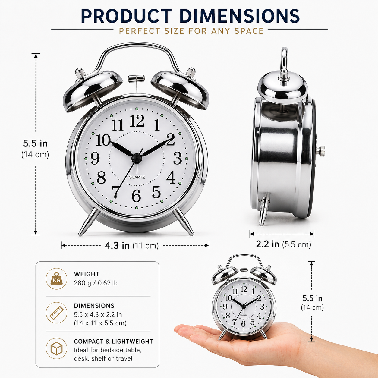 ELNEOR Retro Twin Bell Alarm Clock – Silent Quartz Movement | Loud Alarm | Chrome Finish