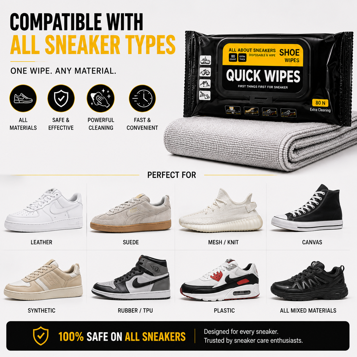 ELNEOR Shoe Quick Wipes – 80 Extra Thick Wipes + Premium Microfiber Towel Bundle