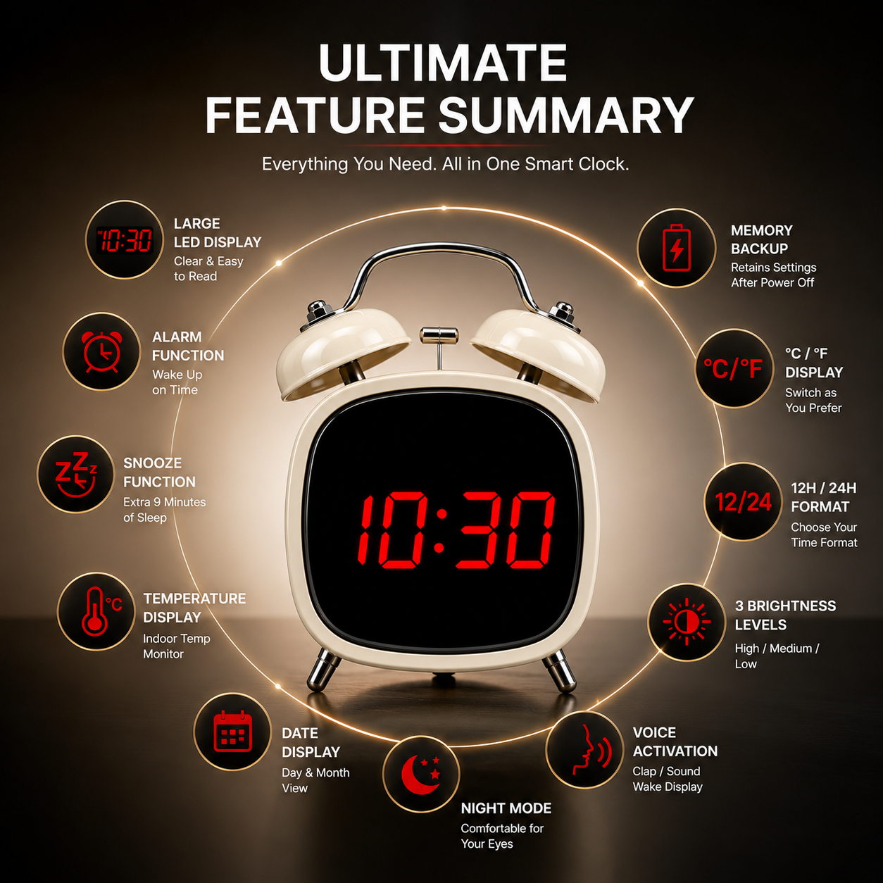 ELNEOR Retro LED Alarm Clock with Twin Bells — Premium Digital Display | USB Rechargeable