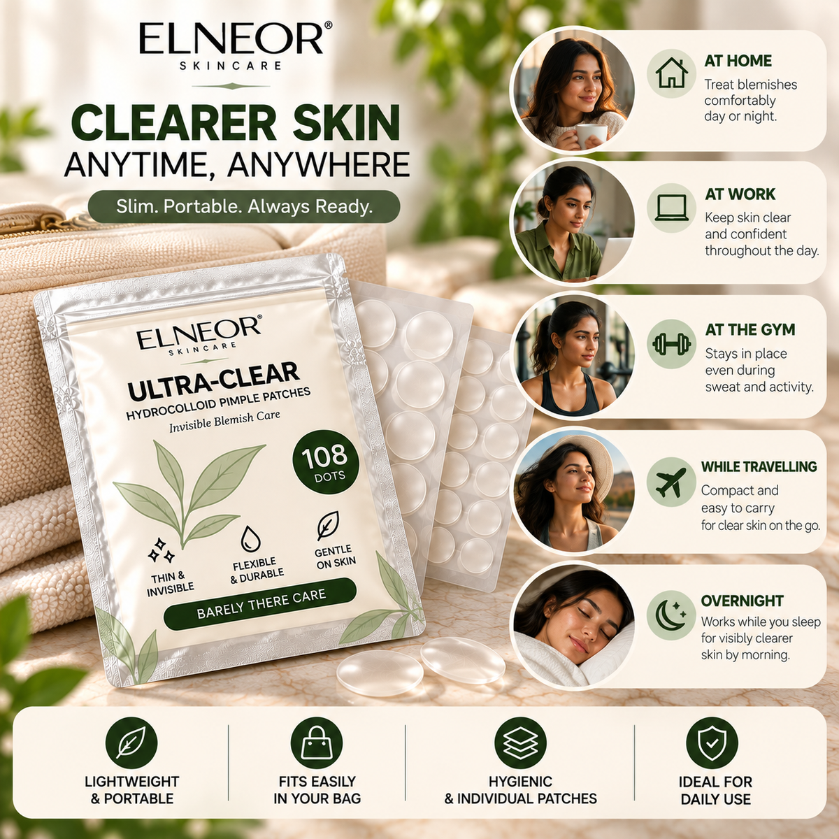 ELNEOR Ultra-Clear Hydrocolloid Pimple Patches (108 Dots) – Invisible Overnight Blemish Care