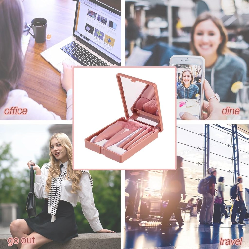 5-Piece Portable Mini Makeup Brush Set with Mirror Case - Elneor