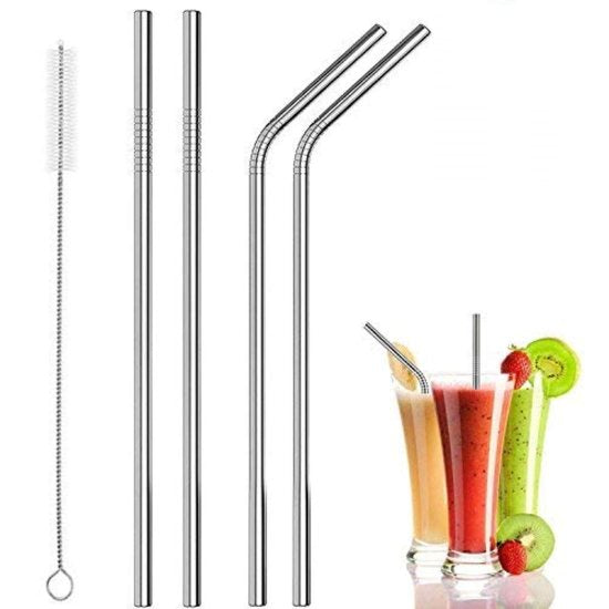 Reusable 304 Stainless Steel Straw Set (Silver, Set of 2 Pack) – Per Pack of 5 with Cleaning Brush Eco-Friendly | Durable | Travel-Friendly - Elneor