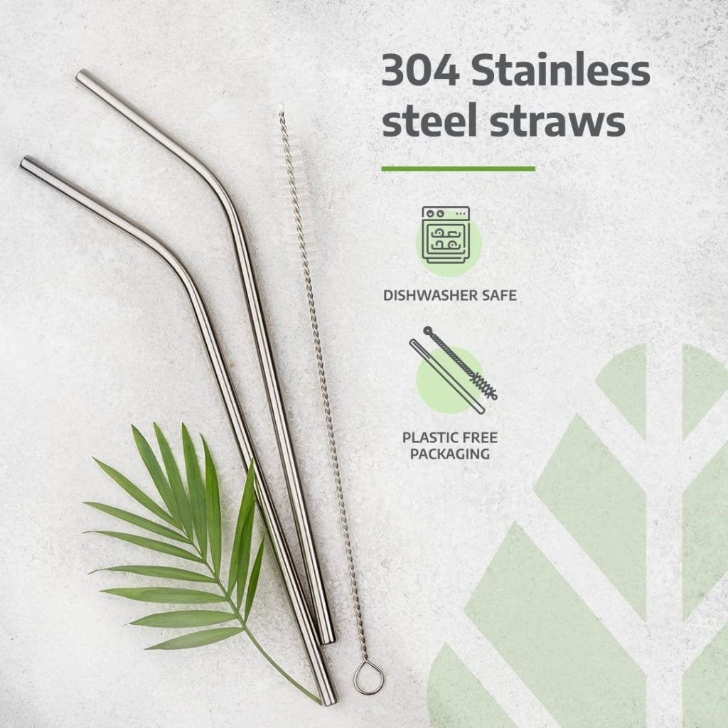 Reusable 304 Stainless Steel Straw Set (Silver, Set of 2 Pack) – Per Pack of 5 with Cleaning Brush Eco-Friendly | Durable | Travel-Friendly - Elneor