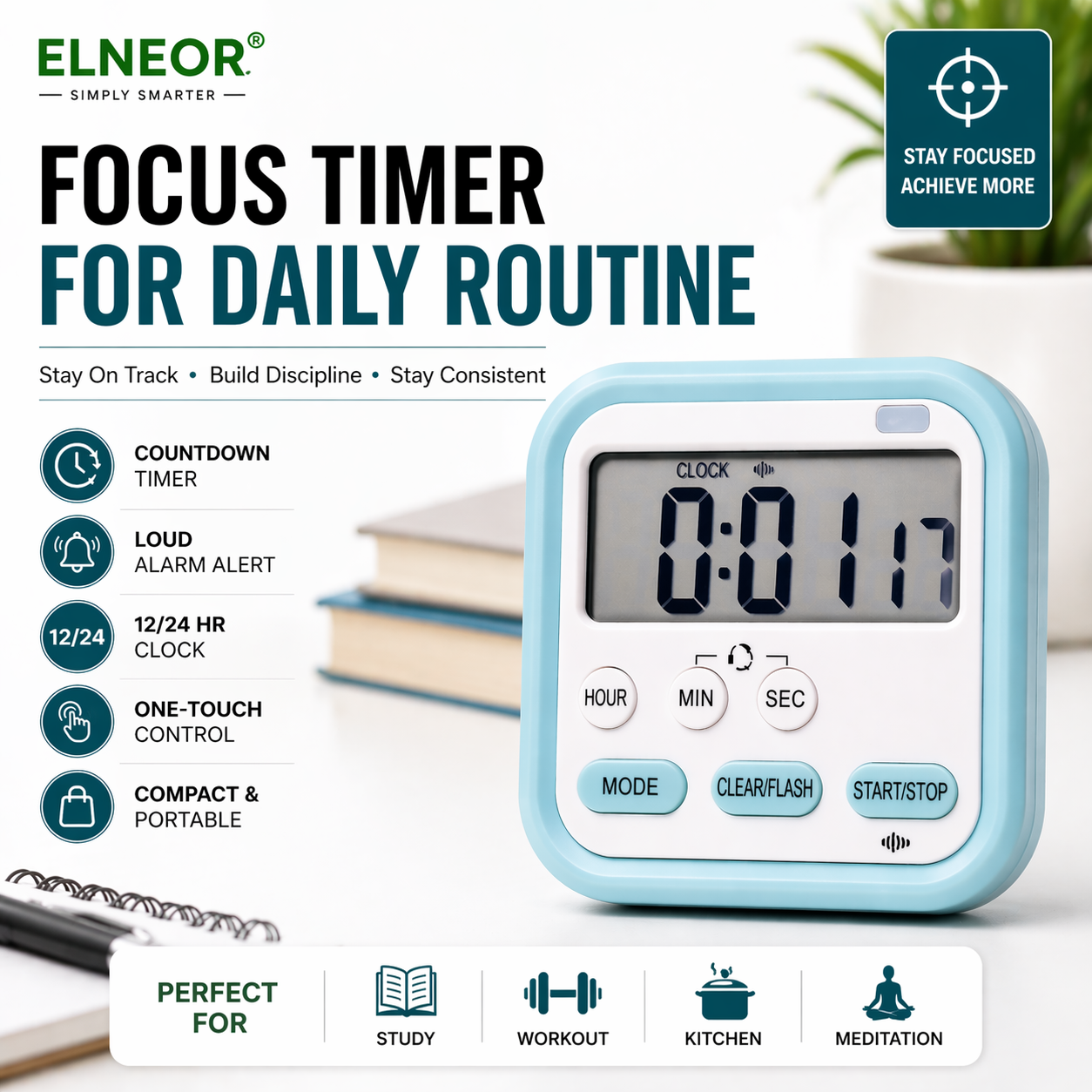 ELNEOR Digital Timer Clock – Countdown Timer, Alarm & Clock for Study, Kitchen & Workout
