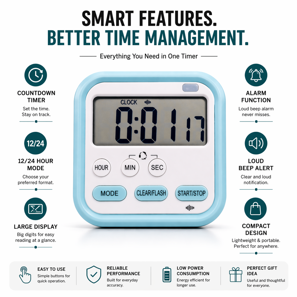 ELNEOR Digital Timer Clock – Countdown Timer, Alarm & Clock for Study, Kitchen & Workout