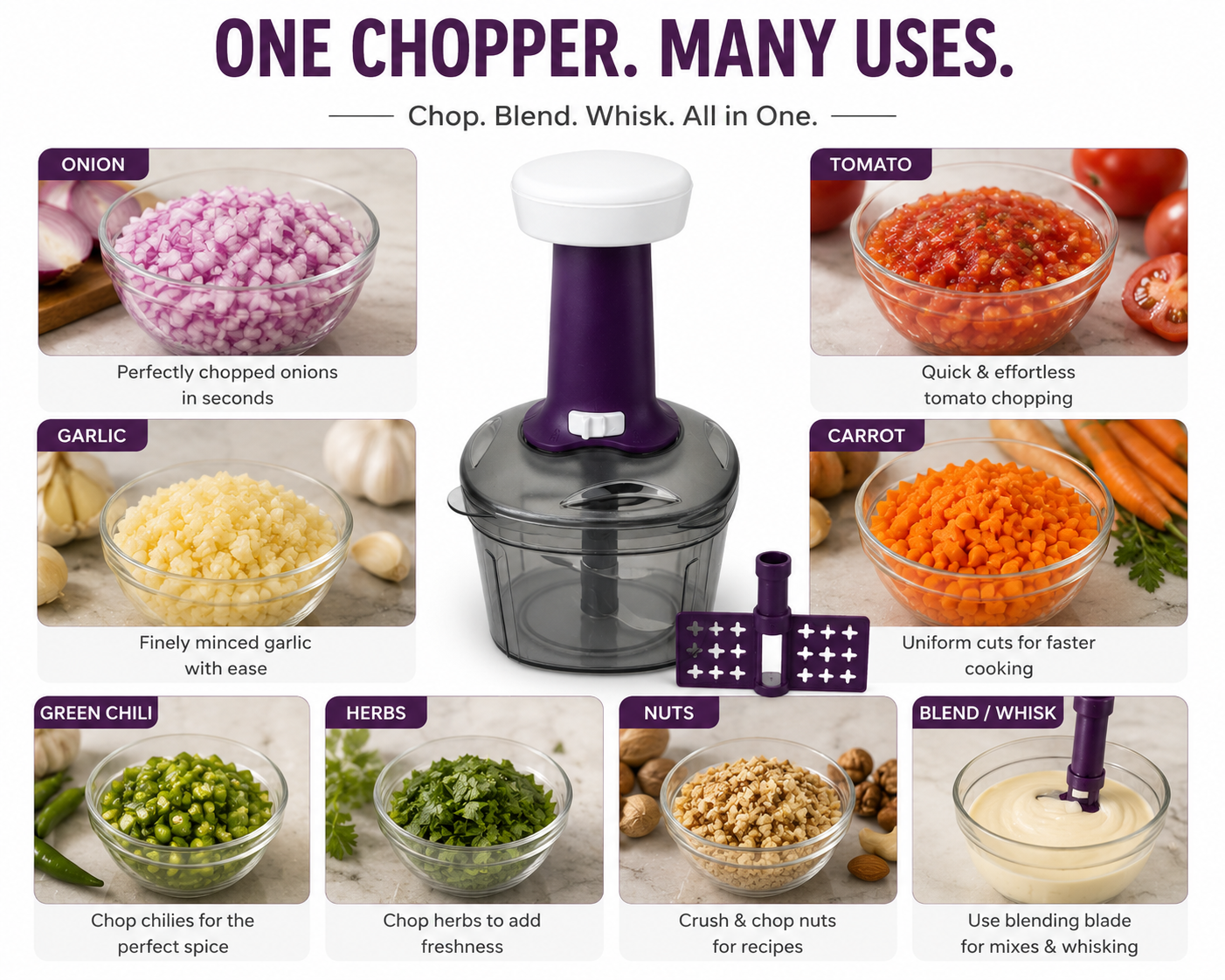 ELNEOR Smart Chop Pro – Manual Food Chopper with Safety Lock | 750ml | Triple SS Blade | Chop, Blend & Whisk